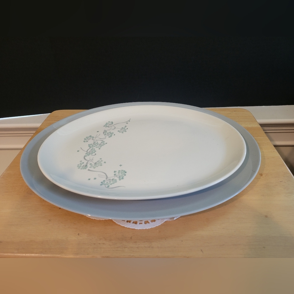 Set of Two Eclectic Ceramic  Serving Platters Steel Gray & Bisque